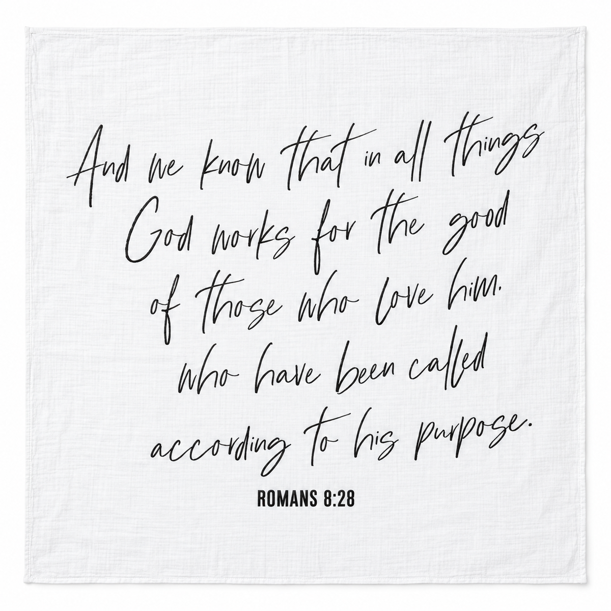 Romans 8:28 Scripture Swaddle + Wall Art shown fully open and flat on a white background.