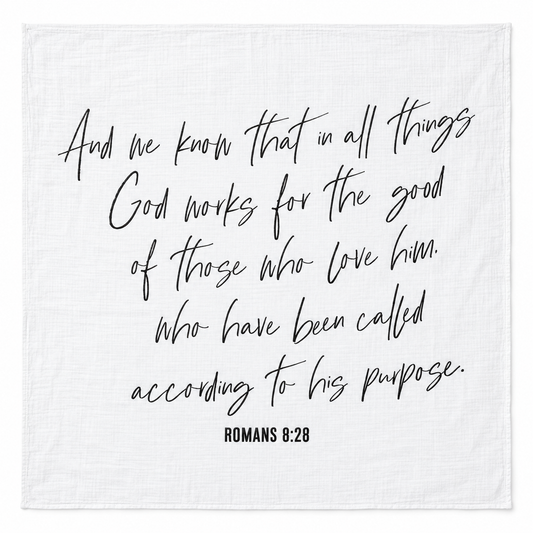 Romans 8:28 Scripture Swaddle + Wall Art shown fully open and flat on a white background.