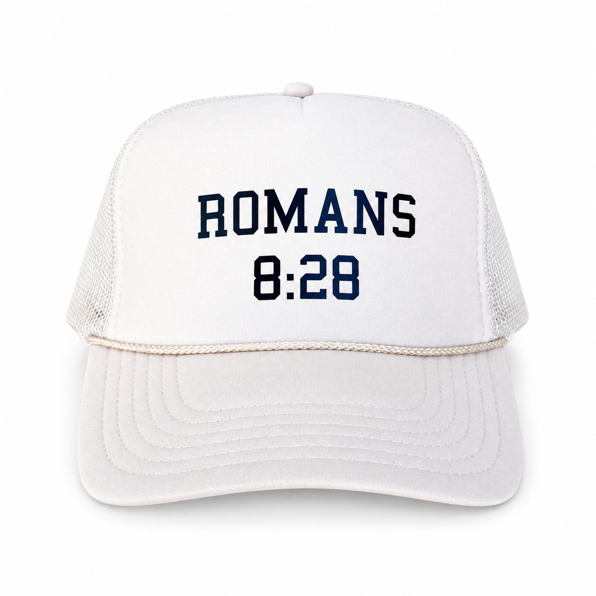 Romans 8:28 Scripture Trucker Hat by XOKendallCo