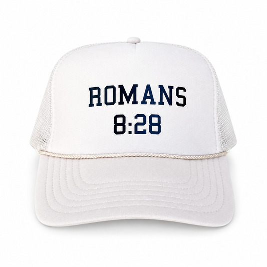 Romans 8:28 Scripture Trucker Hat by XOKendallCo