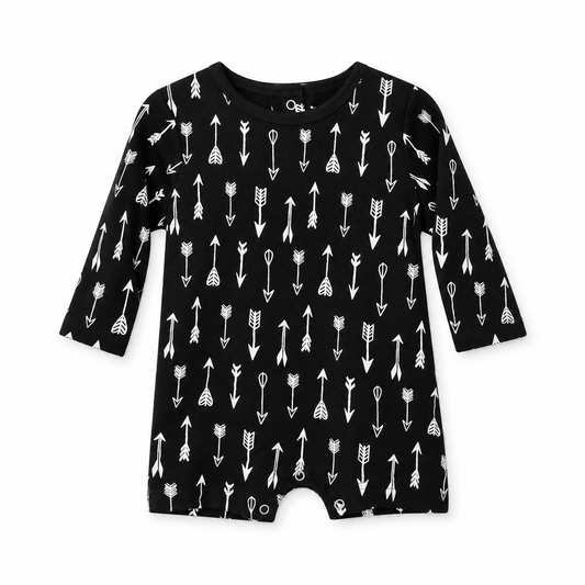 Modern Burlap organic long sleeve romper, White on Black Arrows, full front studio view