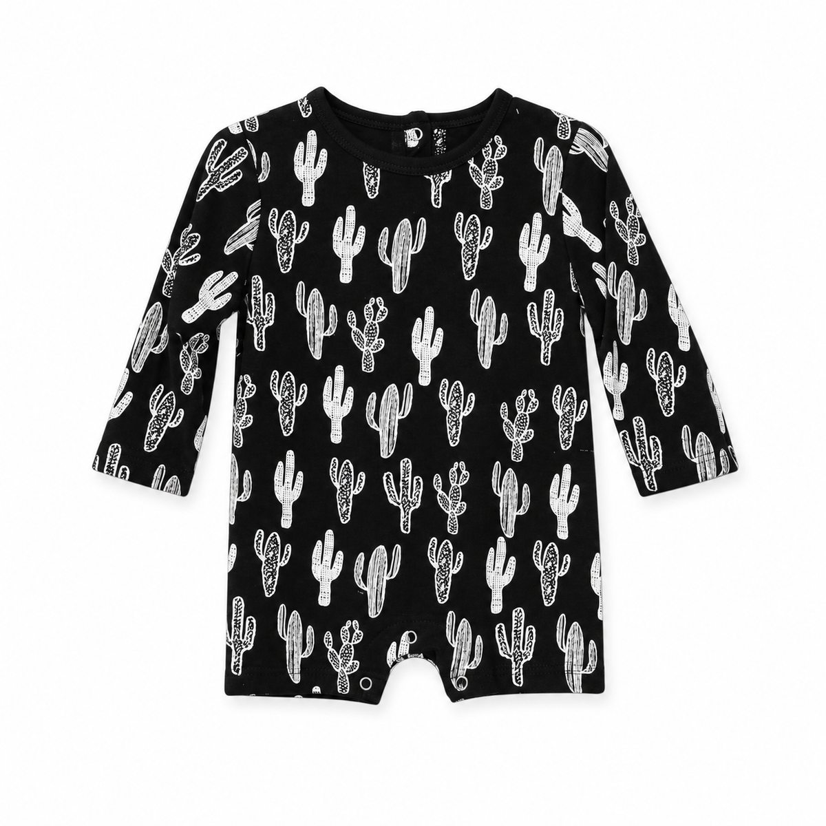 Modern Burlap organic long sleeve romper, White on Black Cactus, full front studio view