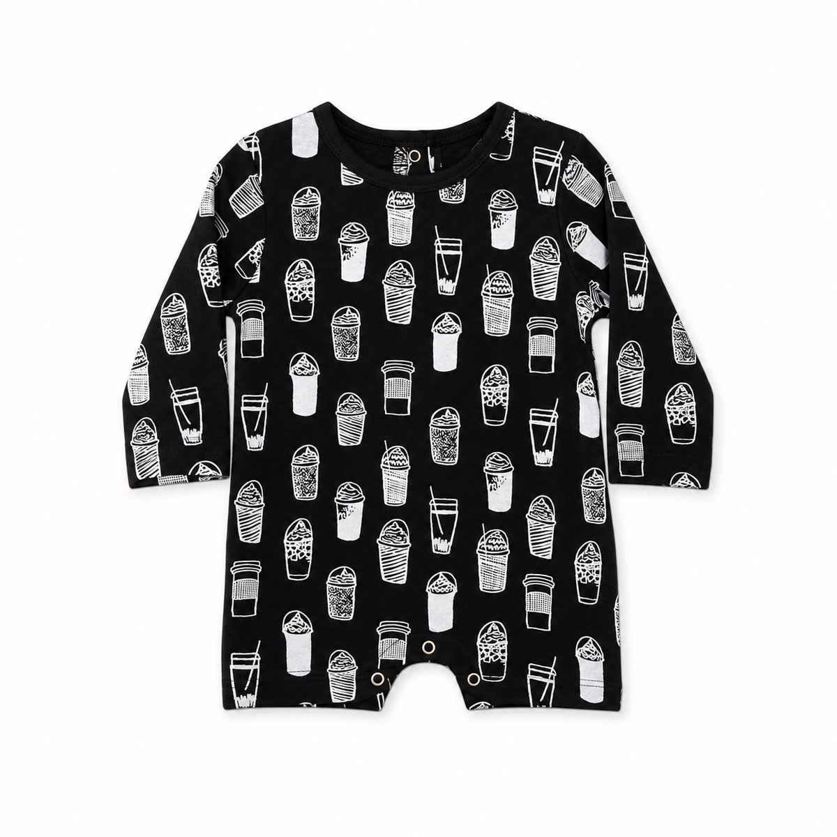 Modern Burlap organic long sleeve romper, White on Black Coffee Love, full front studio view