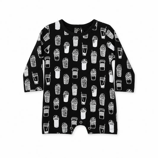 Modern Burlap organic long sleeve romper, White on Black Coffee Love, full front studio view