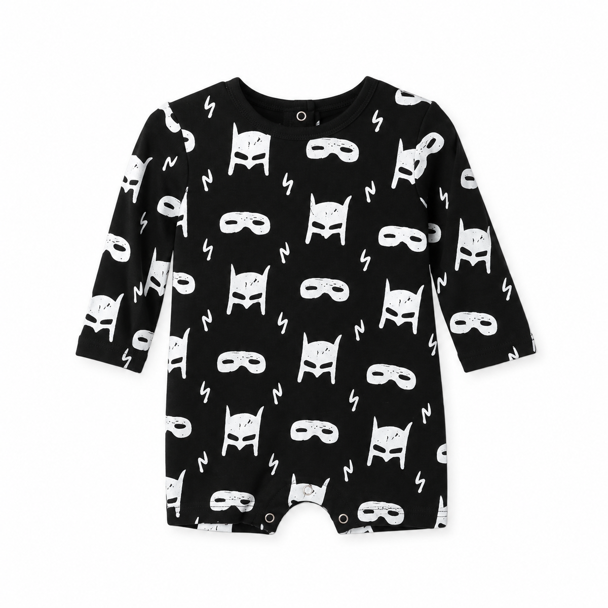 Modern Burlap organic long sleeve romper, White on Black Hero Struck, full front studio view