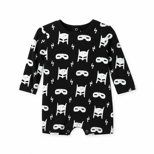 Modern Burlap organic long sleeve romper, White on Black Hero Struck, full front studio view