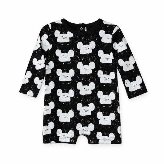 Modern Burlap organic long sleeve romper, White on Black Modern Mouse, full front studio view