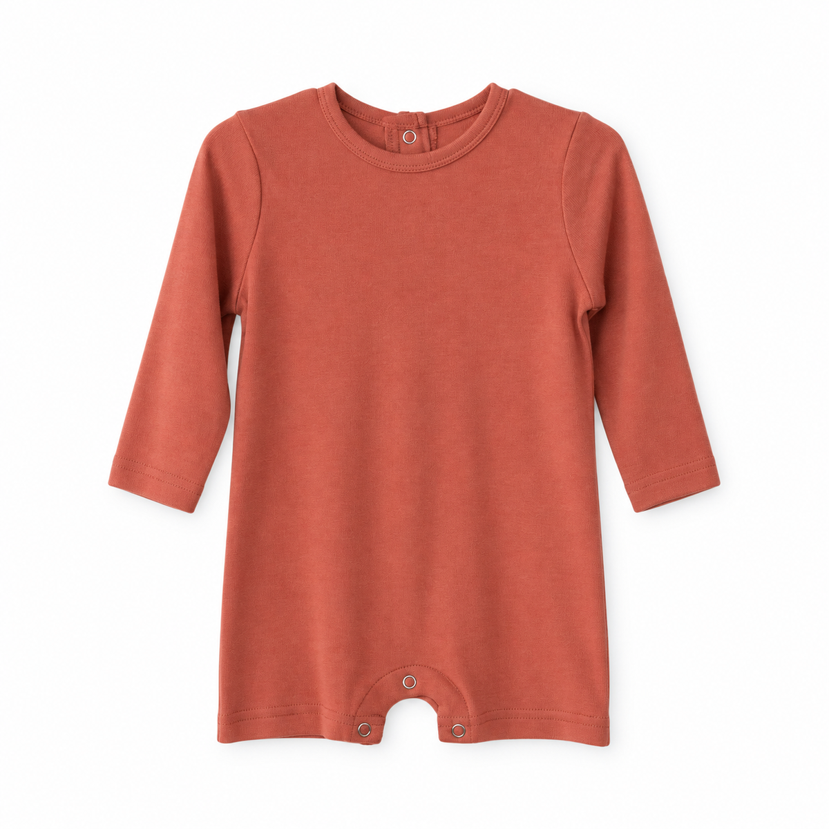 Modern Burlap organic long sleeve romper, Aragon, full front studio view