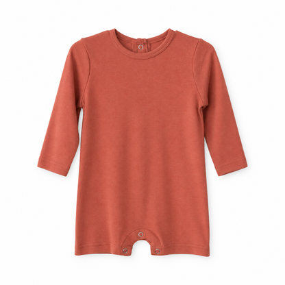 Modern Burlap organic long sleeve romper, Aragon, full front studio view