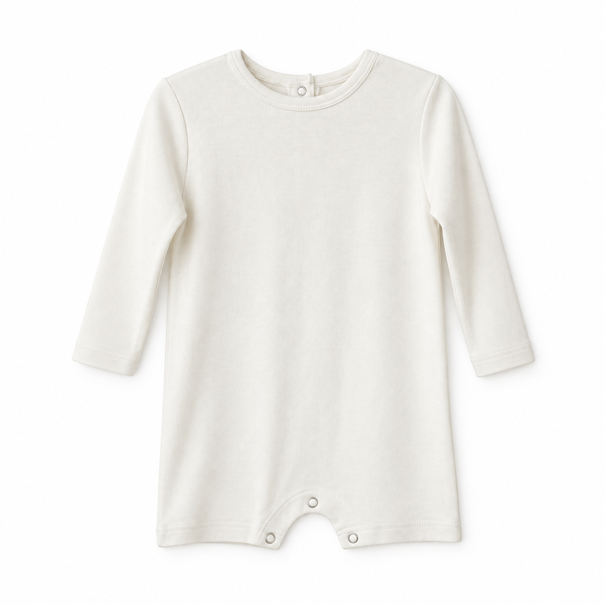 Modern Burlap organic long sleeve romper, Eggnog, full front studio view
