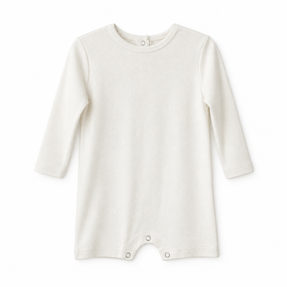Modern Burlap organic long sleeve romper, Eggnog, full front studio view