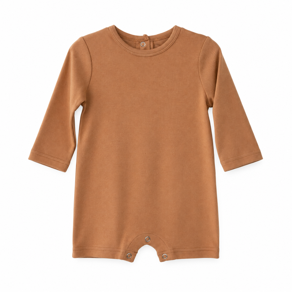 Modern Burlap organic long sleeve romper, Ginger, full front studio view