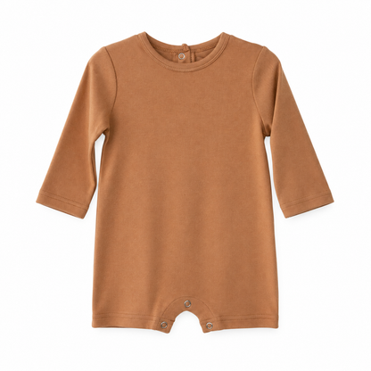 Modern Burlap organic long sleeve romper, Ginger, full front studio view