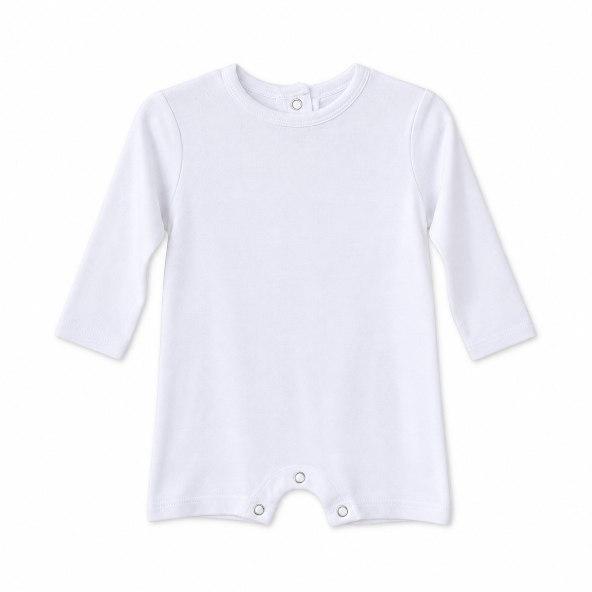 Modern Burlap organic long sleeve romper, White, full front studio view