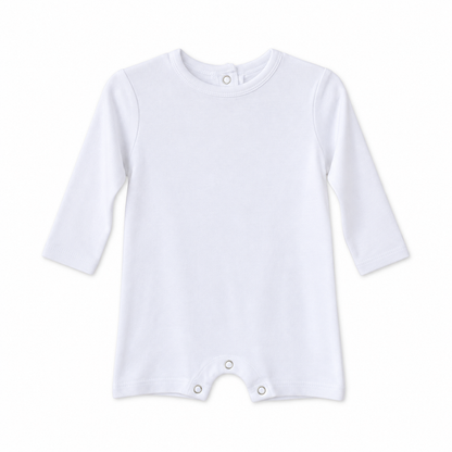 Modern Burlap organic long sleeve romper, White, full front studio view