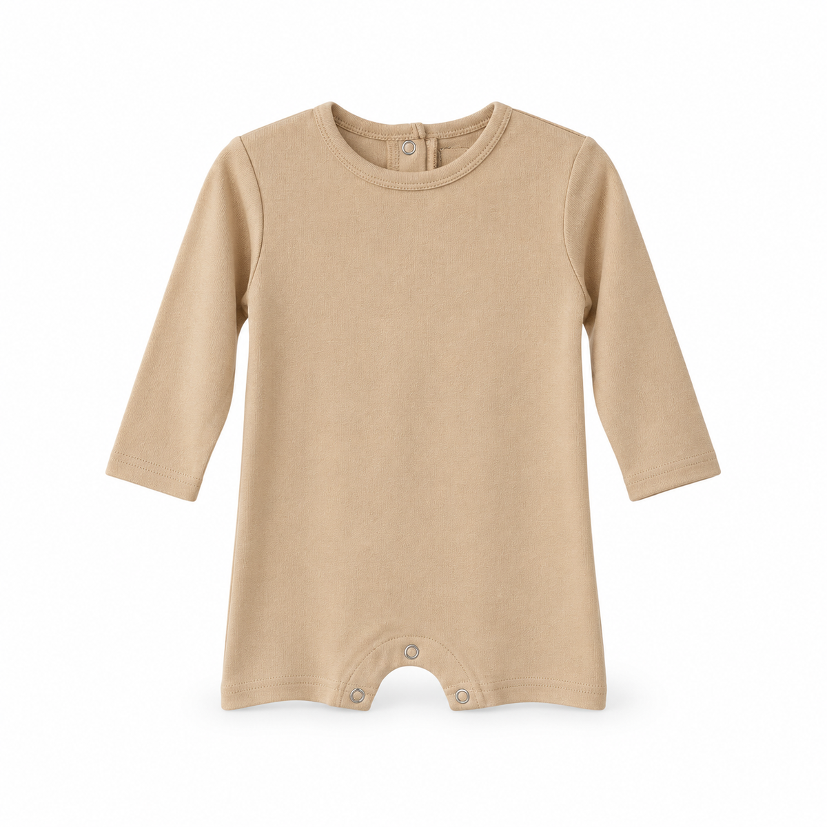 Modern Burlap organic long sleeve romper, Hazelnut, full front studio view