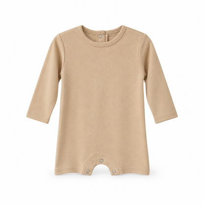 Modern Burlap organic long sleeve romper, Hazelnut, full front studio view