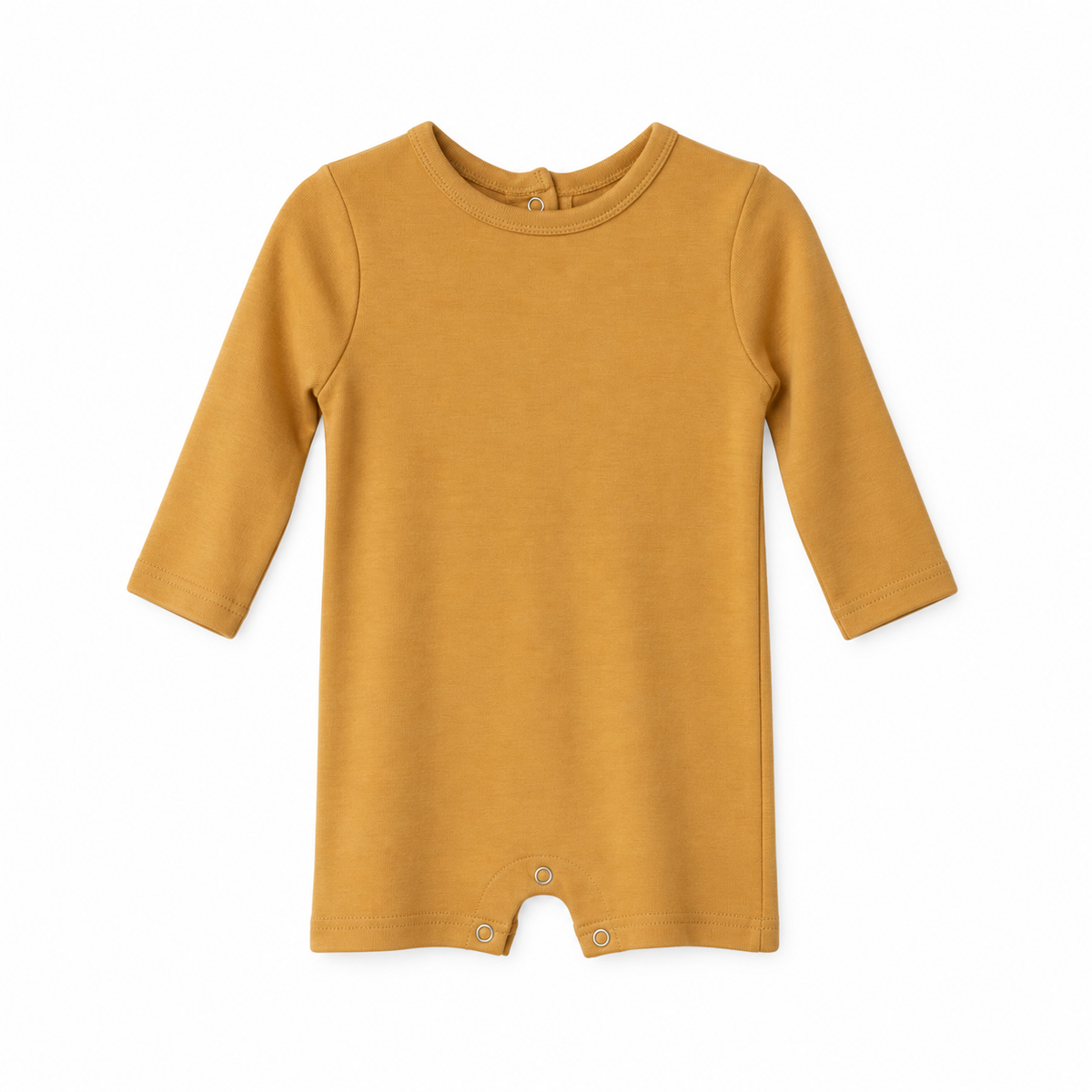 Modern Burlap organic long sleeve romper, Honey, full front studio view