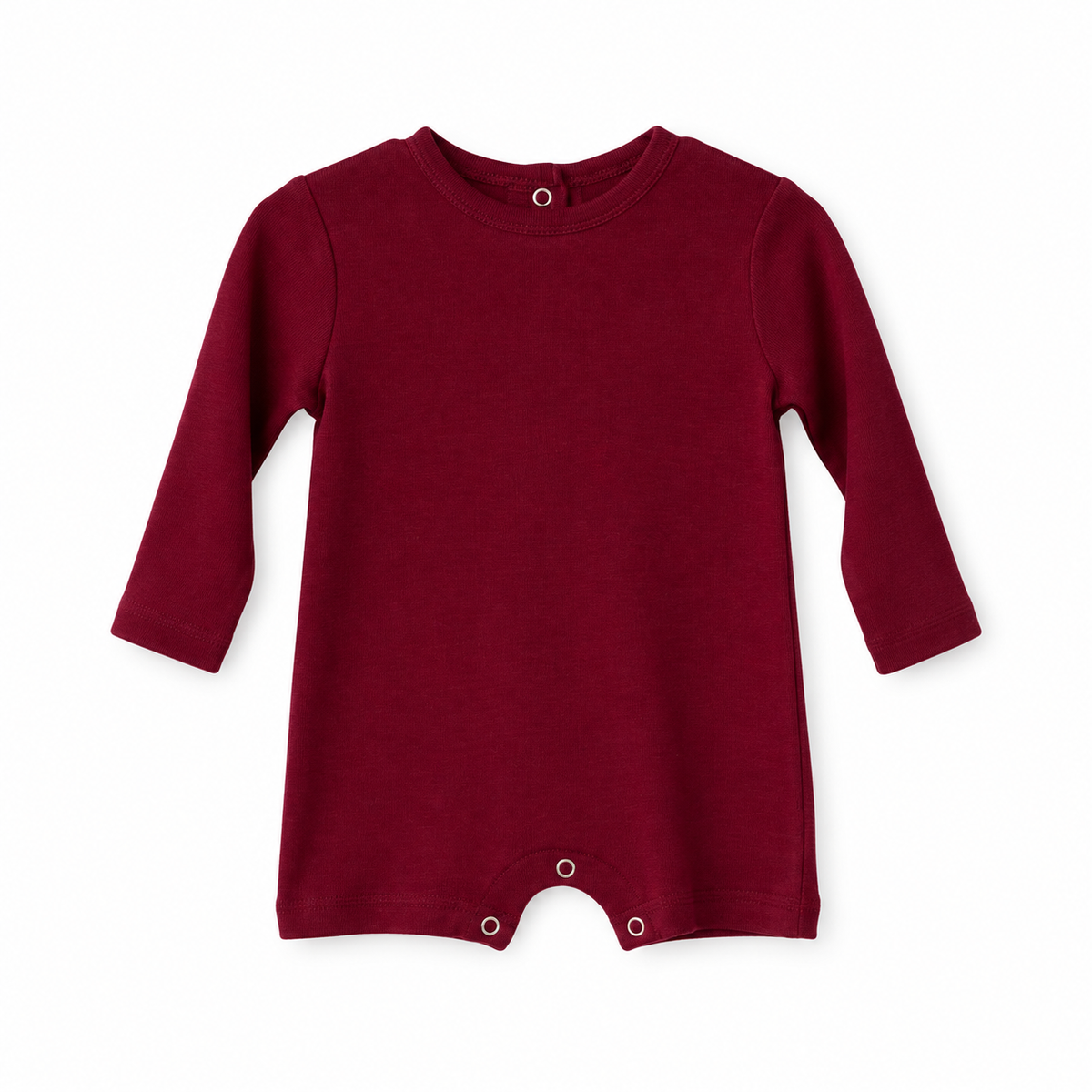 Modern Burlap organic long sleeve romper, Maroon, full front studio view
