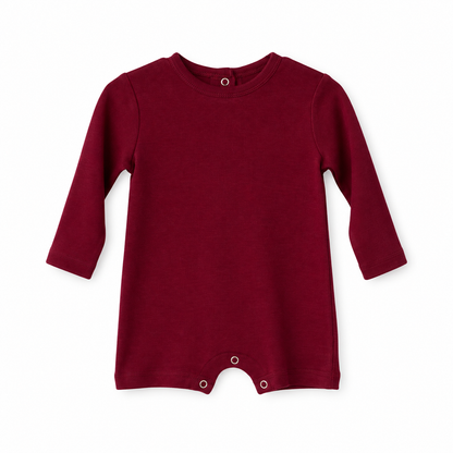Modern Burlap organic long sleeve romper, Maroon, full front studio view