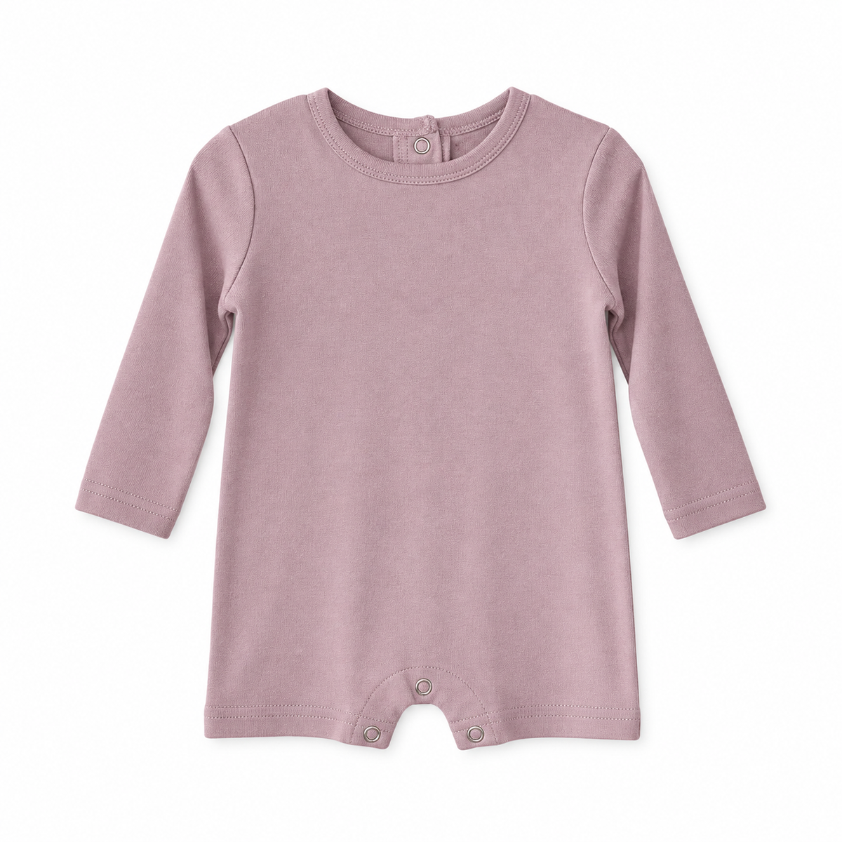 Modern Burlap organic long sleeve romper, Mauve, full front studio view