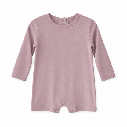 Modern Burlap organic long sleeve romper, Mauve, full front studio view