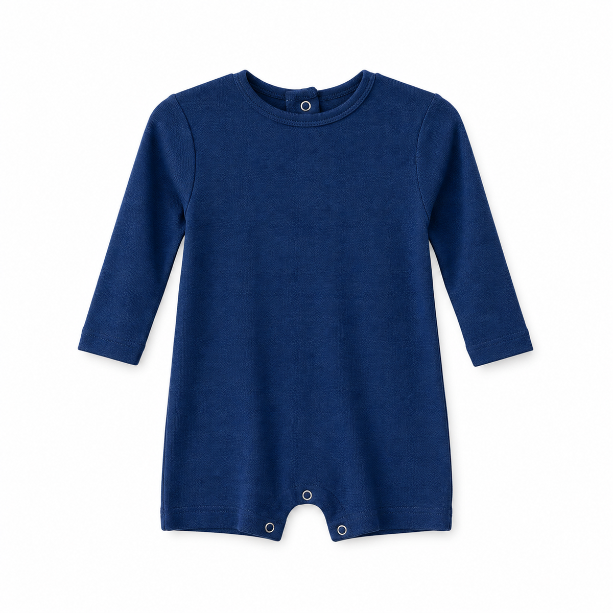 Modern Burlap organic long sleeve romper, Navy Peony, full front studio view