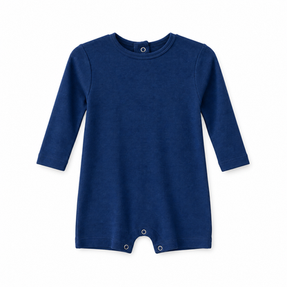 Modern Burlap organic long sleeve romper, Navy Peony, full front studio view