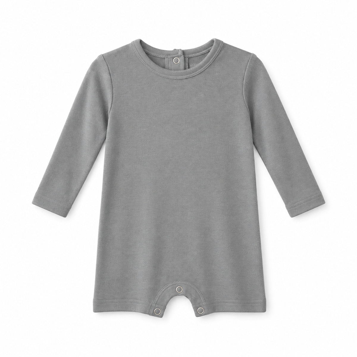 Modern Burlap organic long sleeve romper, Neutral Gray, full front studio view