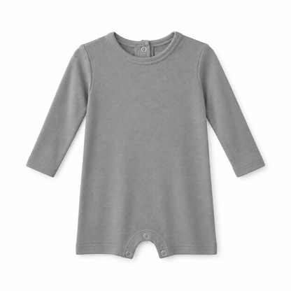 Modern Burlap organic long sleeve romper, Neutral Gray, full front studio view