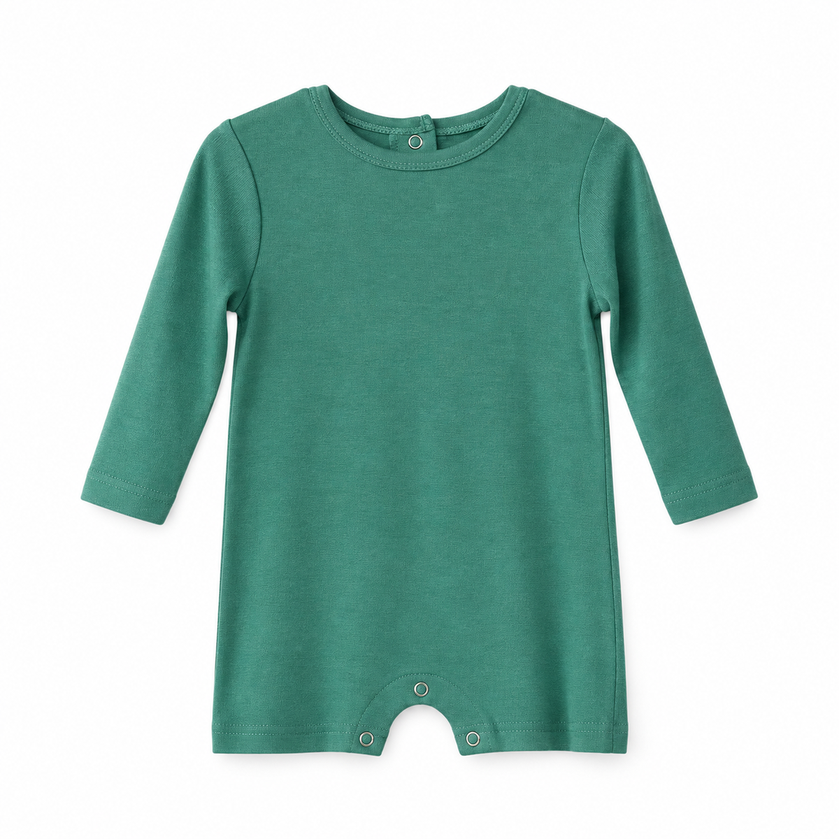 Modern Burlap organic long sleeve romper, Pine Green, full front studio view