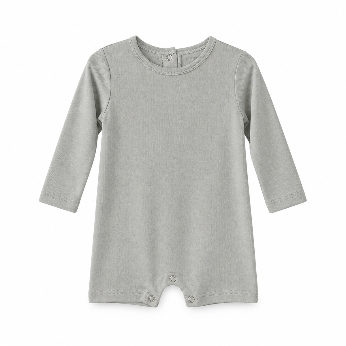 Modern Burlap organic long sleeve romper, Silver, full front studio view