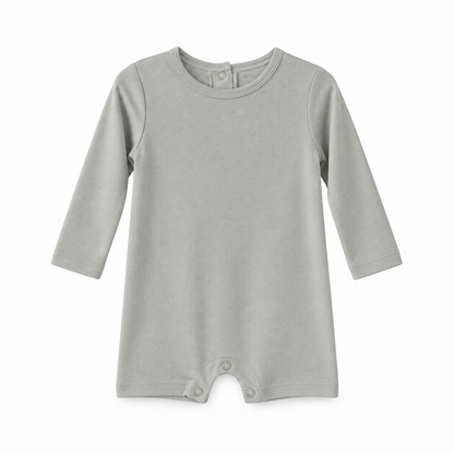 Modern Burlap organic long sleeve romper, Silver, full front studio view