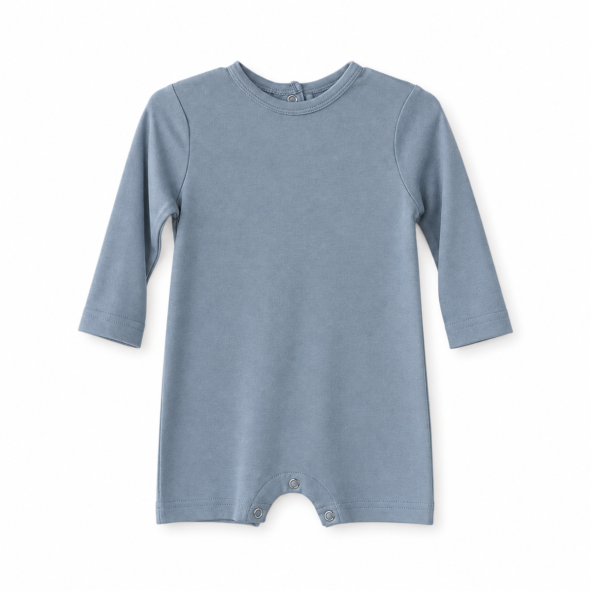 Modern Burlap organic long sleeve romper, Tradewinds, full front studio view