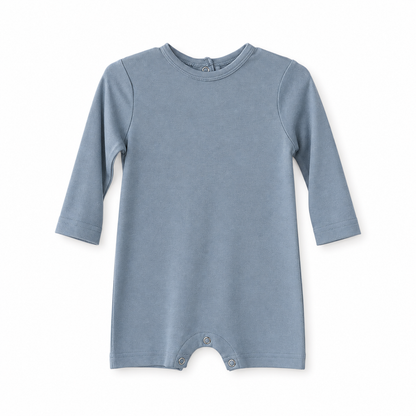 Modern Burlap organic long sleeve romper, Tradewinds, full front studio view