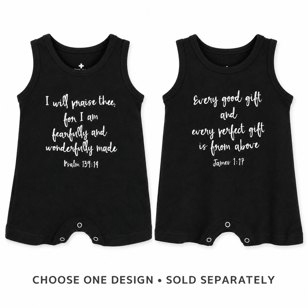 Psalm 139:14, James 1:17 tank romper design choices. Choose one design; sold separately.