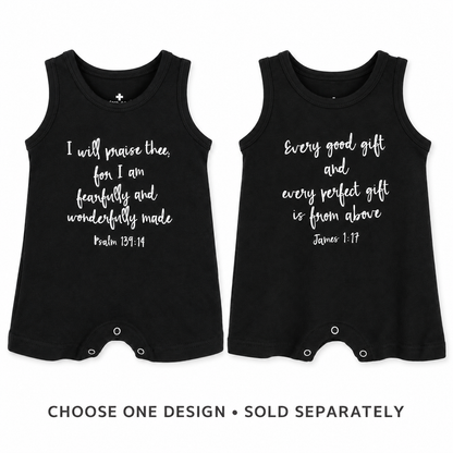 Psalm 139:14, James 1:17 tank romper design choices. Choose one design; sold separately.