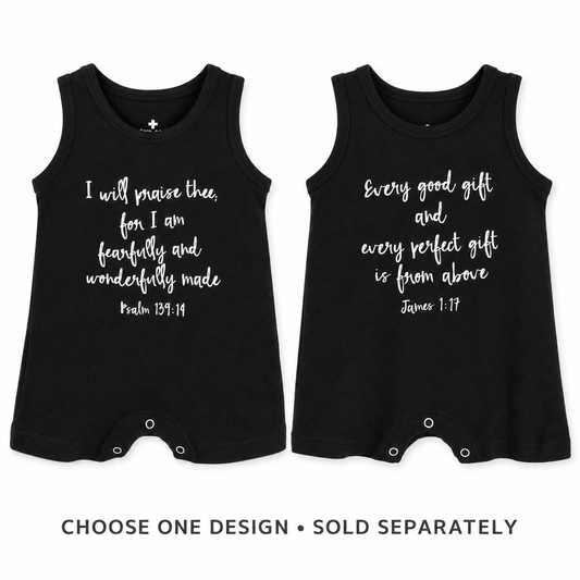 Psalm 139:14, James 1:17 tank romper design choices. Choose one design; sold separately.