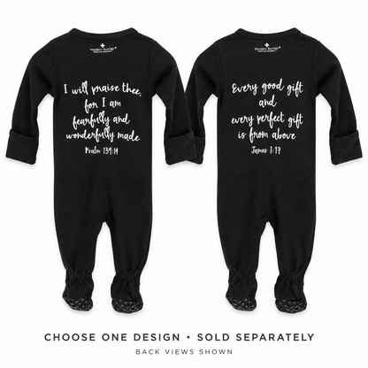 Psalm 139:14 and James 1:17 organic zip footies, back views. Choose one design; sold separately.
