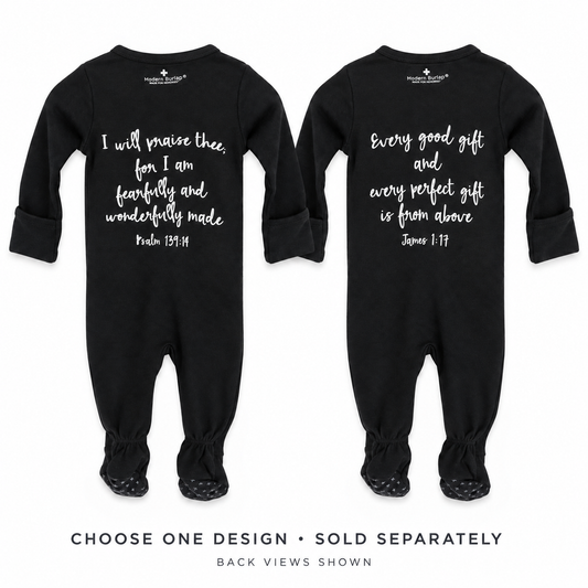Psalm 139:14 and James 1:17 organic zip footies, back views. Choose one design; sold separately.