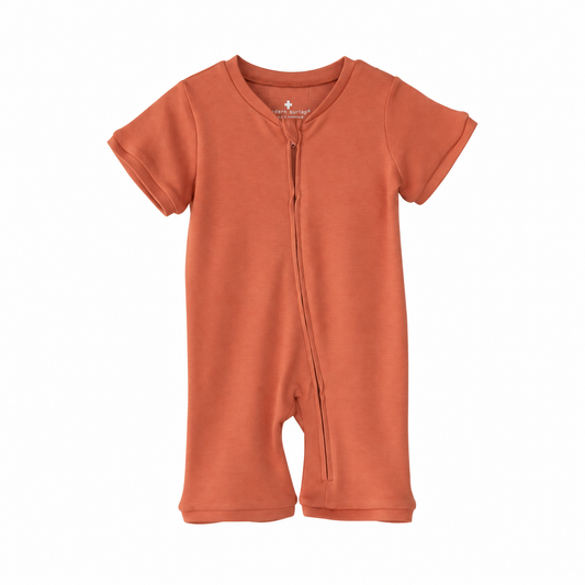 Modern Burlap Aragon organic short sleeve zip romper, complete front view on white without a hanger.