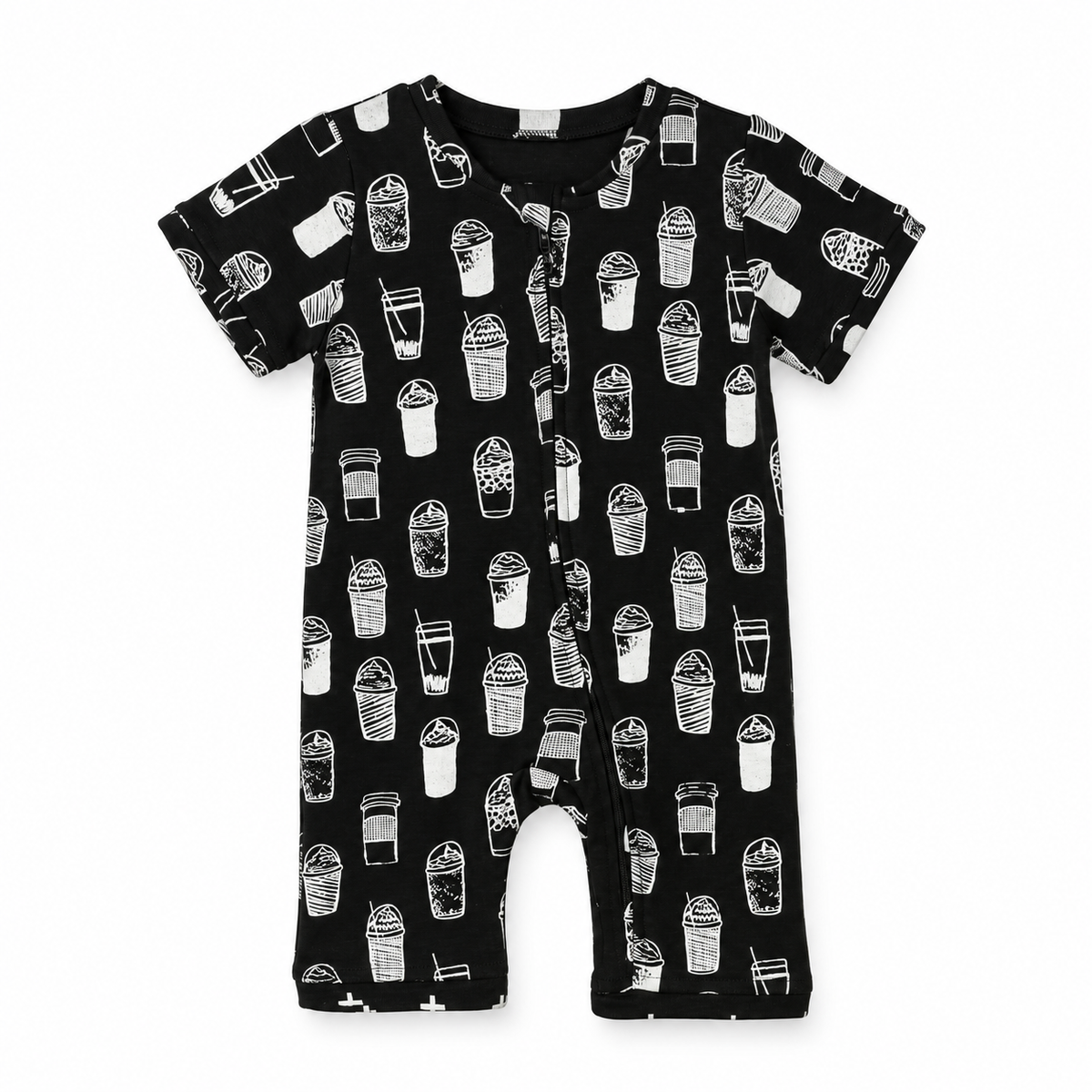 Modern Burlap organic short sleeve zip romper in White on Black Coffee Love, front studio product view