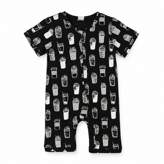 Modern Burlap organic short sleeve zip romper in White on Black Coffee Love, front studio product view