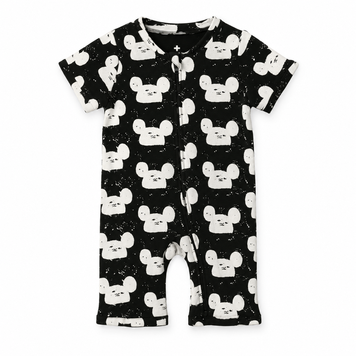 Modern Burlap organic short sleeve zip romper in White on Black Modern Mouse, front studio product view