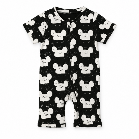 Modern Burlap organic short sleeve zip romper in White on Black Modern Mouse, front studio product view