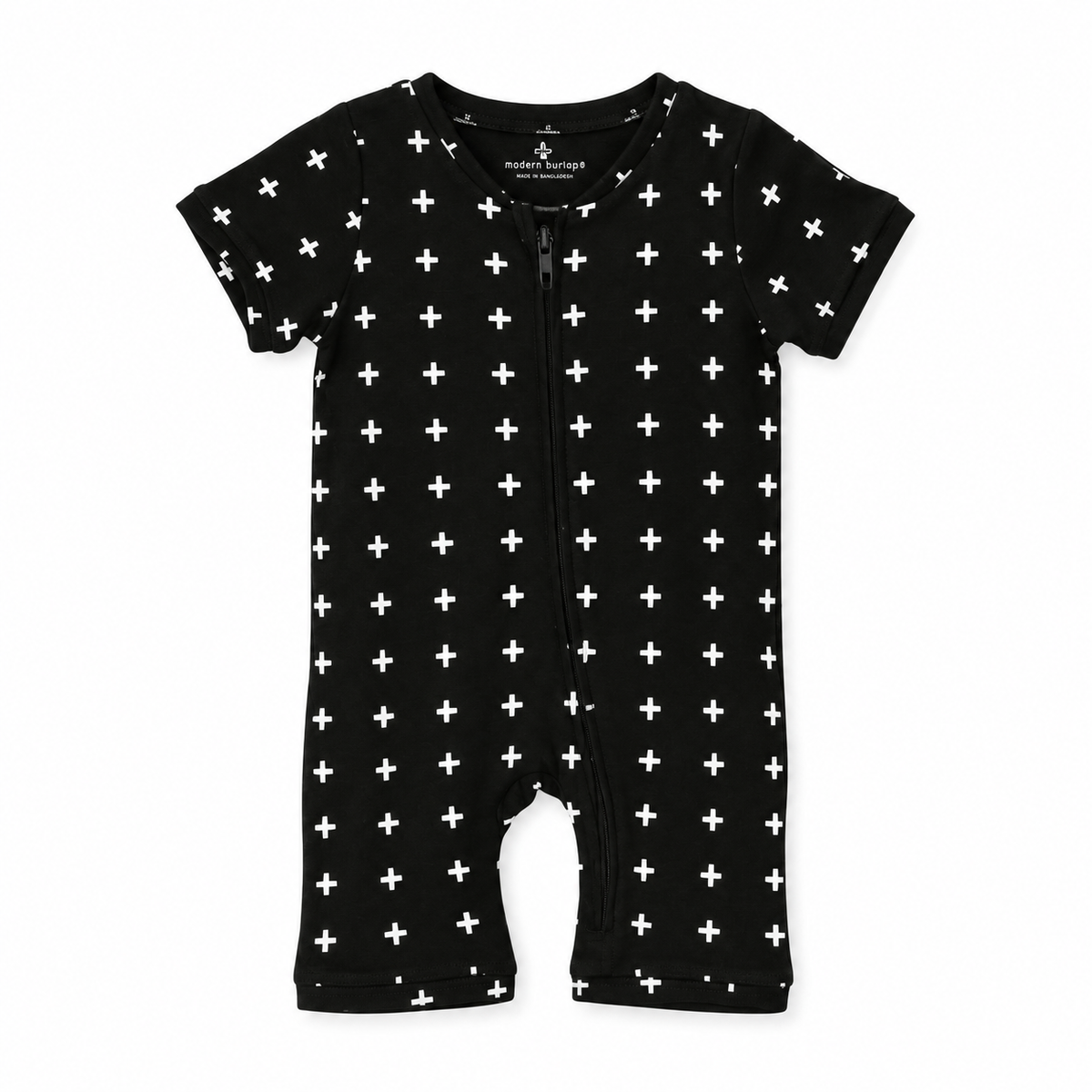 Modern Burlap organic short sleeve zip romper in White on Black Swiss Cross, front studio product view