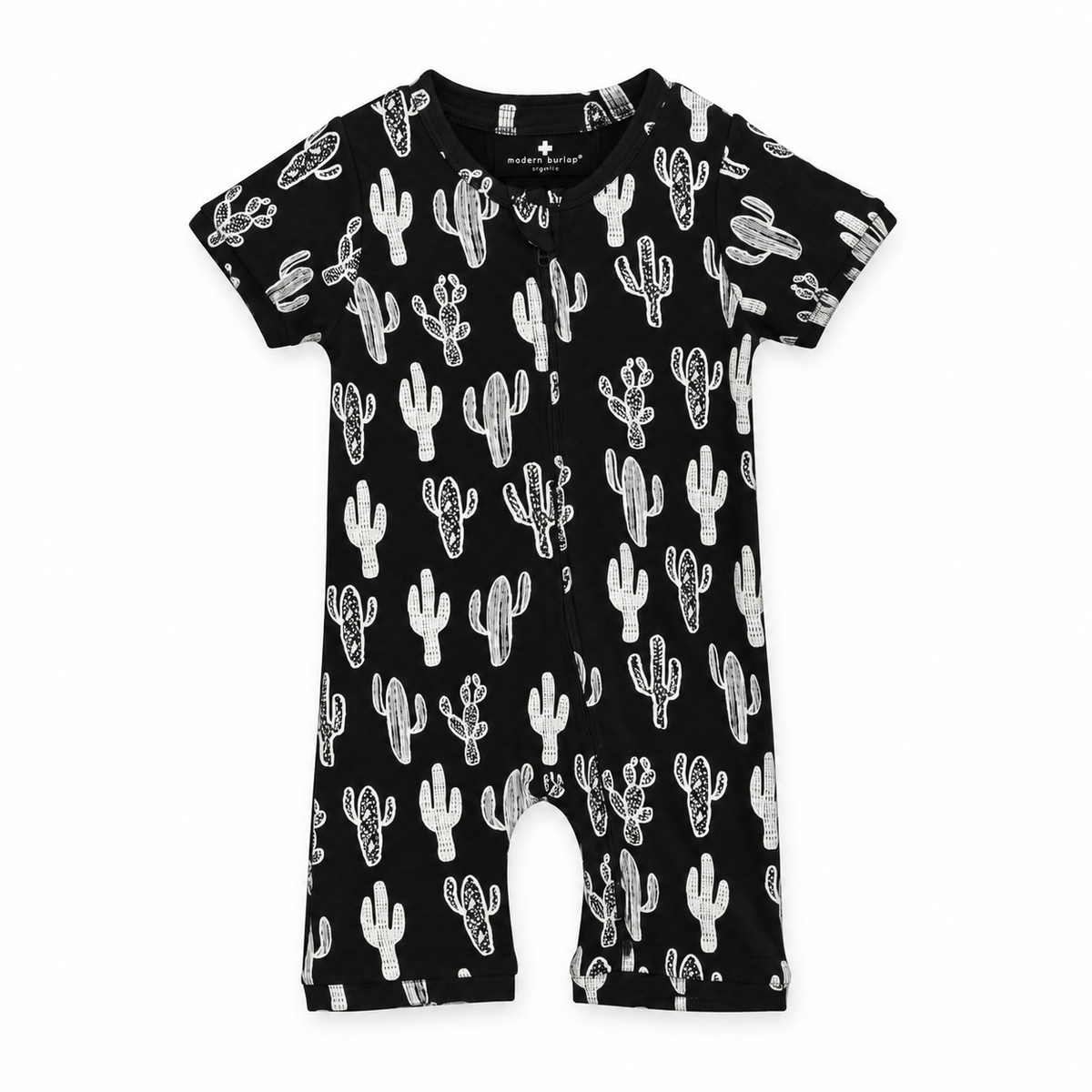 Modern Burlap organic short sleeve zip romper in White on Black Cactus, front studio product view