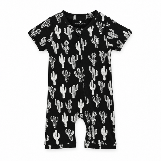 Modern Burlap organic short sleeve zip romper in White on Black Cactus, front studio product view