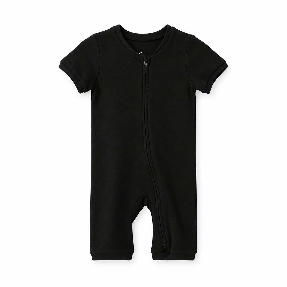 Modern Burlap organic short sleeve zip romper in Black, front studio product view