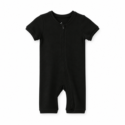 Modern Burlap organic short sleeve zip romper in Black, front studio product view